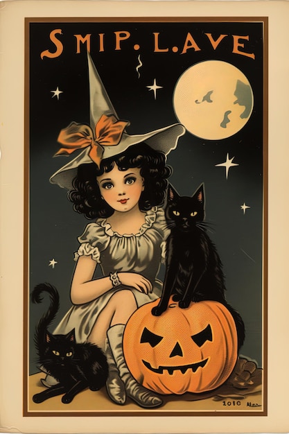 Photo a girl and a pumpkin are on a halloween card