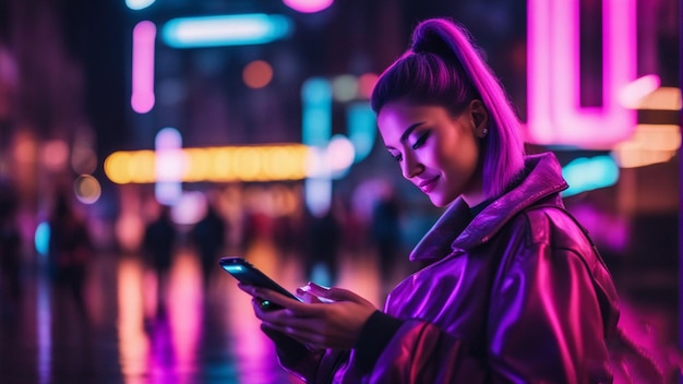 Photo a girl in a purple coat is texting on a phone in front of a colorful neon light.