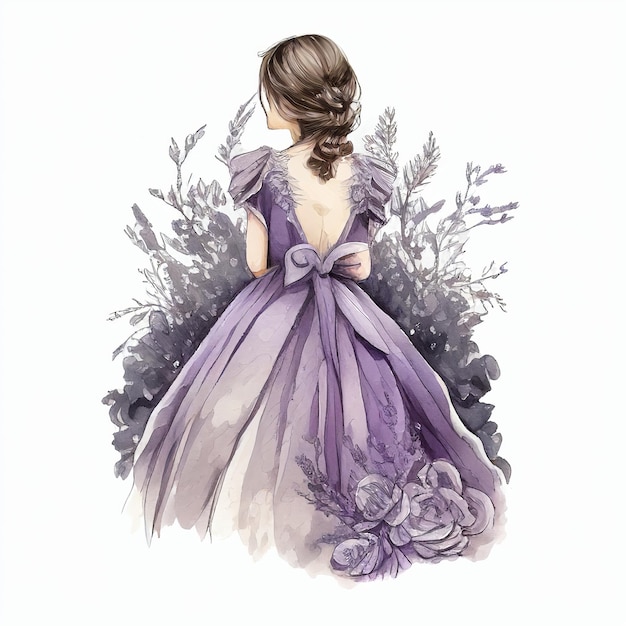 Girl in purple dress back view Generative AI