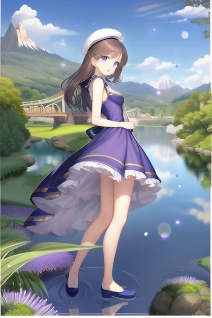A girl in a purple dress is walking by a river and a bridge is in the background