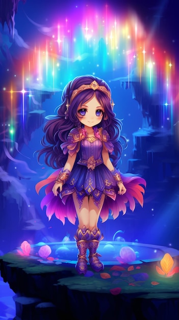 A girl in a purple dress standing in front of a rainbow