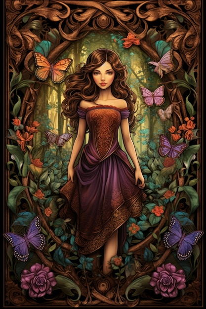 a girl in a purple dress with butterflies and flowers in the background