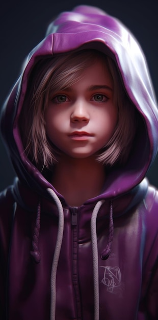 A girl in a purple jacket with the word's on it