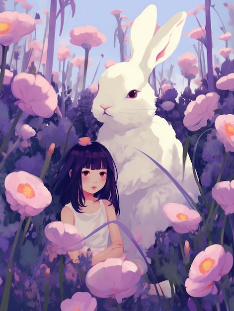 A girl and a rabbit in a field of flowers