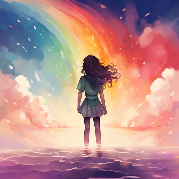 虹の下の女の子 イラスト 女性 雲 空 カラフル