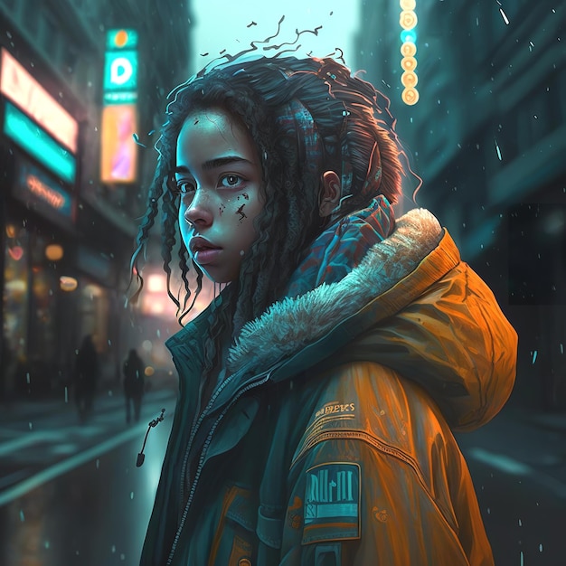 A girl in a raincoat standing in city