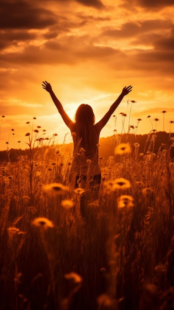 Girl raising her hands in a field of flowers at sunset