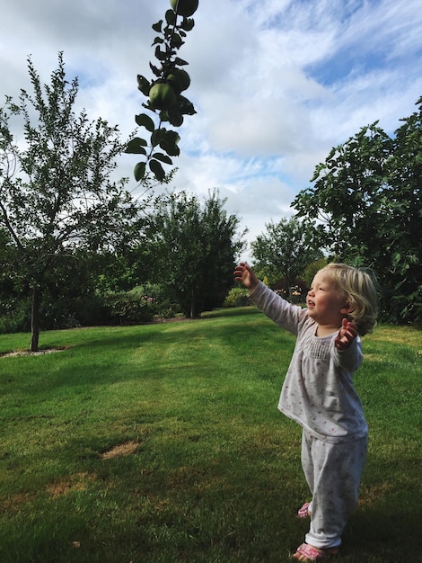 girl reaching tree while standing on field