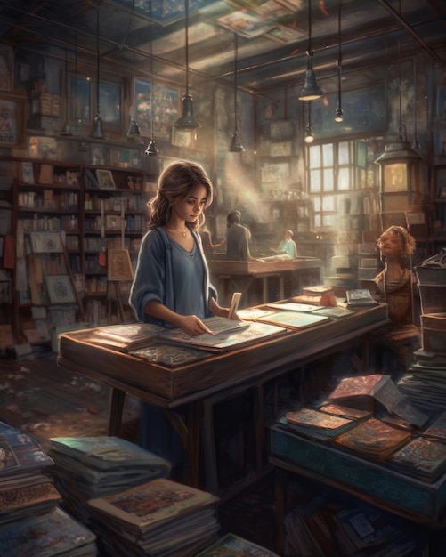 A girl reading a book in a bookstore