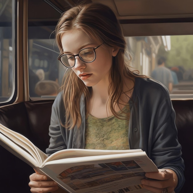 A girl reading a book in a bus