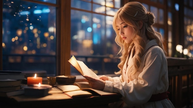 a girl reading a book in a cafe with a lit candle in the background