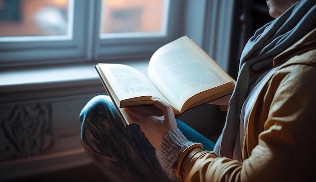 Girl reading a book close to the window concept of world book day generative ai