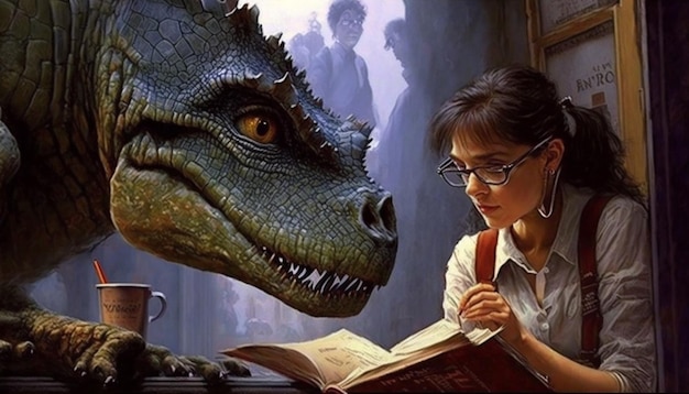 A girl reading a book next to a dinosaur.