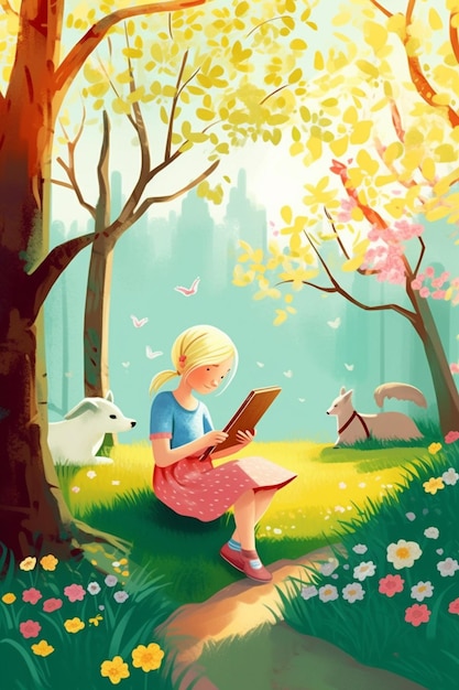 Premium AI Image | A girl reading a book in a forest with a horse and a ...