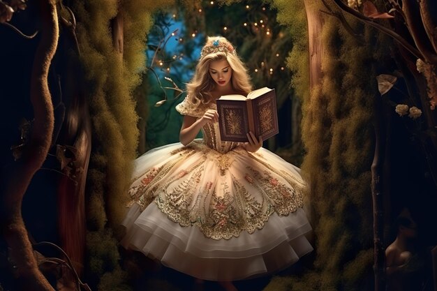 Photo a girl reading a book in a forest