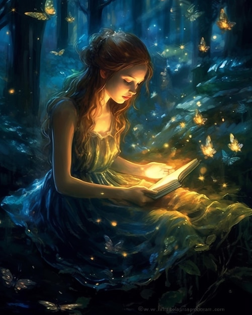 A girl reading a book in the forest