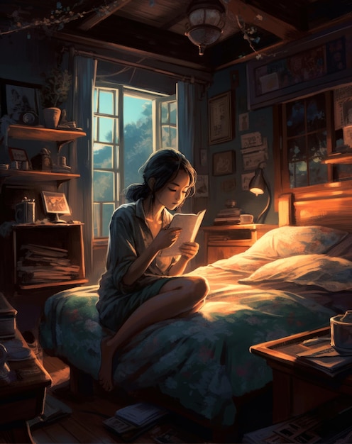 A girl reading a book in her bedroom.