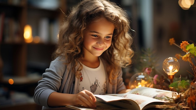 Girl reading book at home