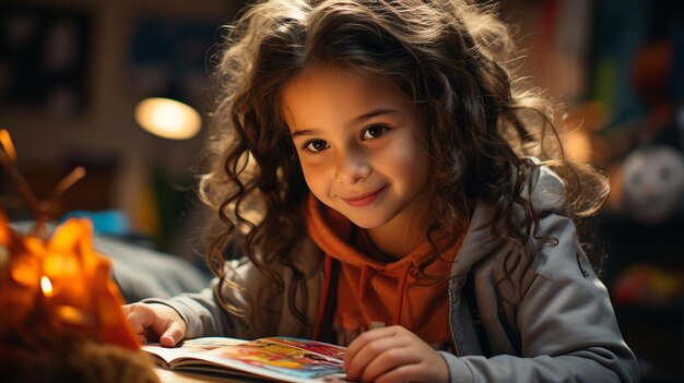 Photo girl reading book at home