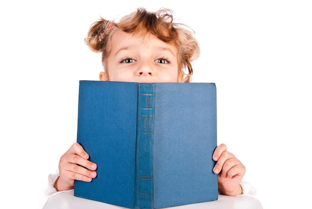 Girl reading book isolated on a white background