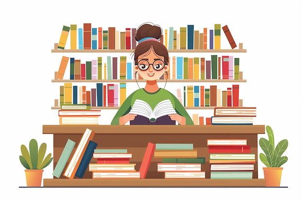 図書館で本を読んでいる女の子無料のベクトル