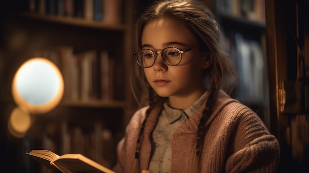 A girl reading a book in a library