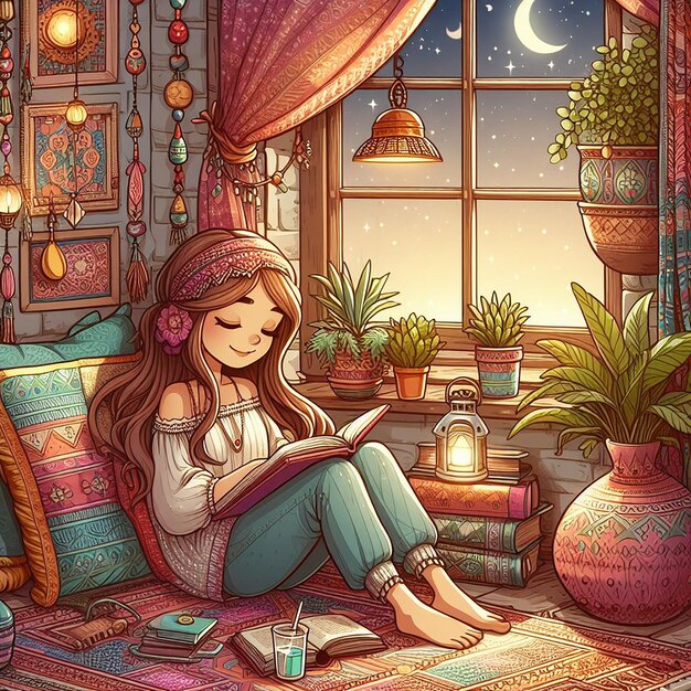 girl reading a book near a window inside a room in cartoon style