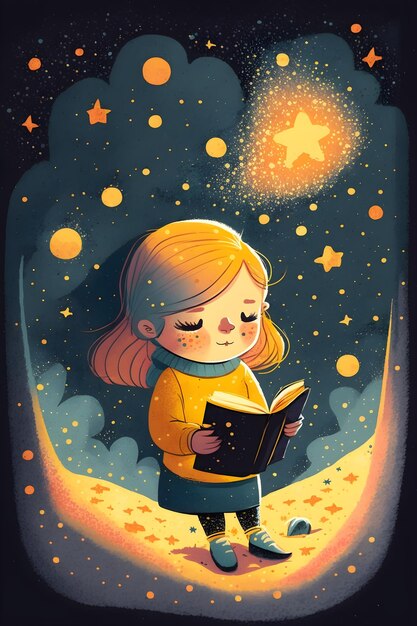 A girl reading a book in the night