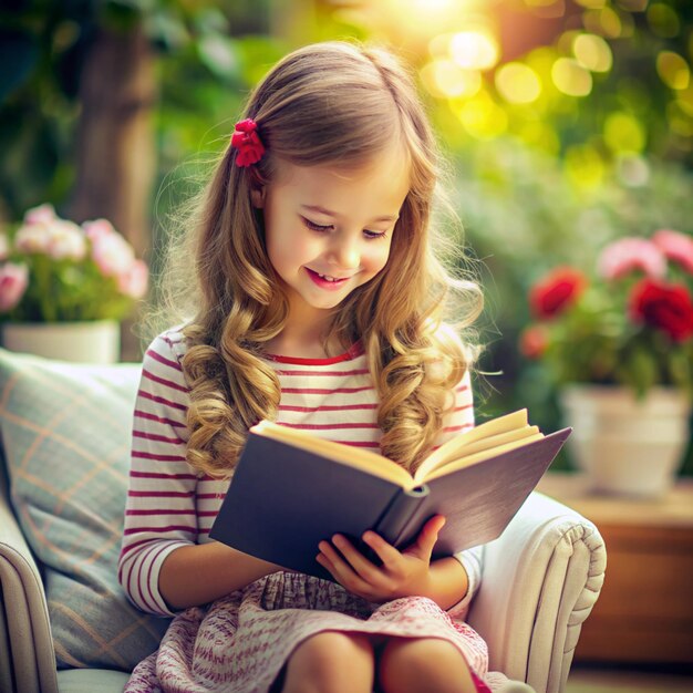 Photo girl reading a book open book world book day design book lovers month and education learning