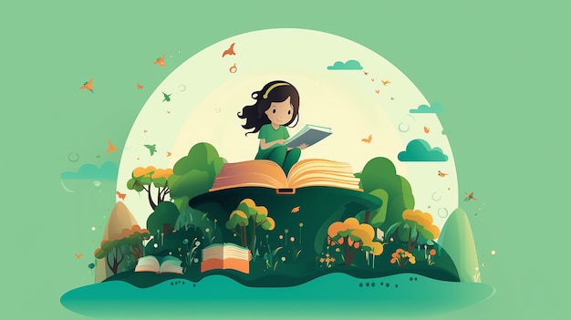 a girl reading a book in a park.