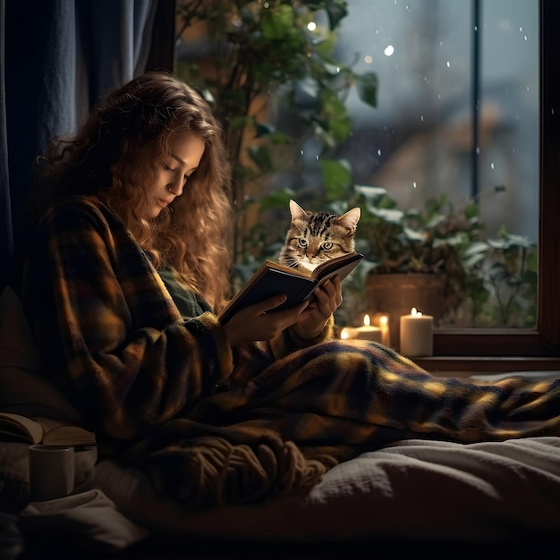 girl reading a book in rainy day autumn