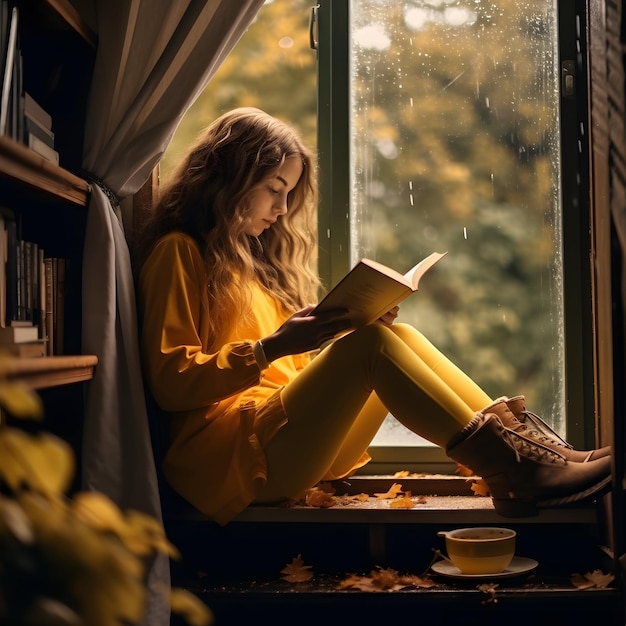 Photo girl reading a book in rainy day autumn