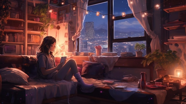 Girl reading a book in a room with a cityscape in the background