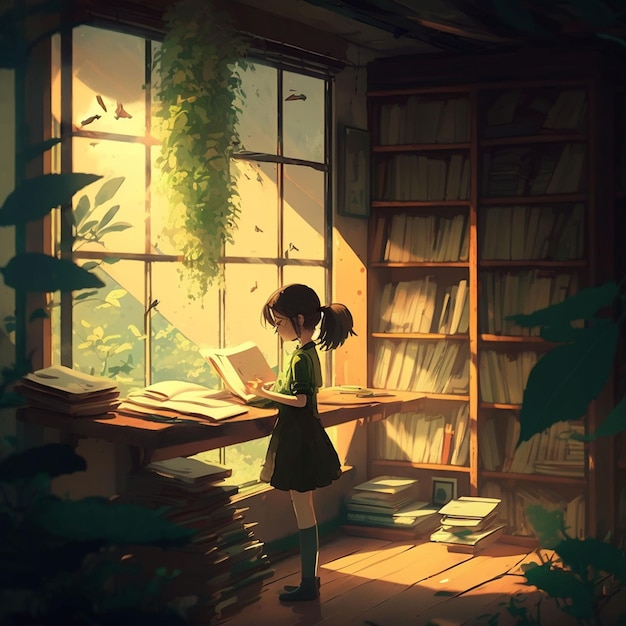 A girl reading a book in a room with a window that says'the word " on it