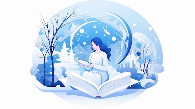a girl reading a book in a snowy winter scene.