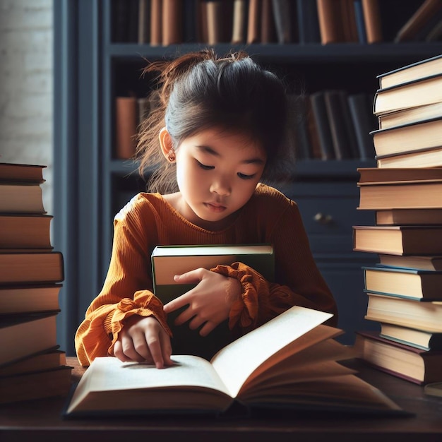 Girl reading a book at a table full of books in the library