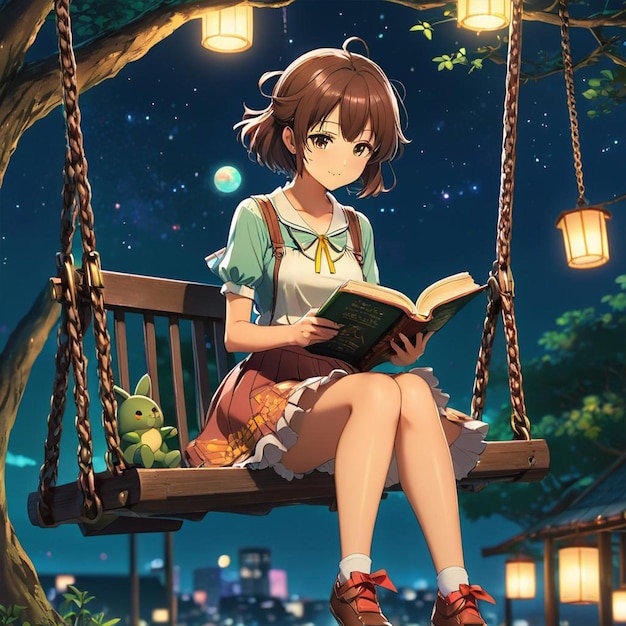 A girl reading a book in a tree with the lamp light above