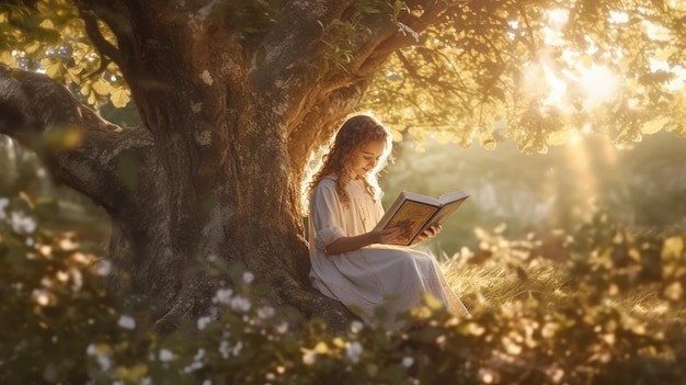 A girl reading a book in a tree