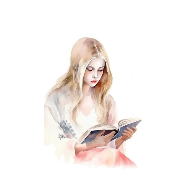 girl reading book watercolor illustration on white background