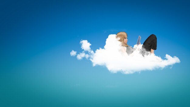 Girl reading a book while relaxing on a cloud 3d illustration