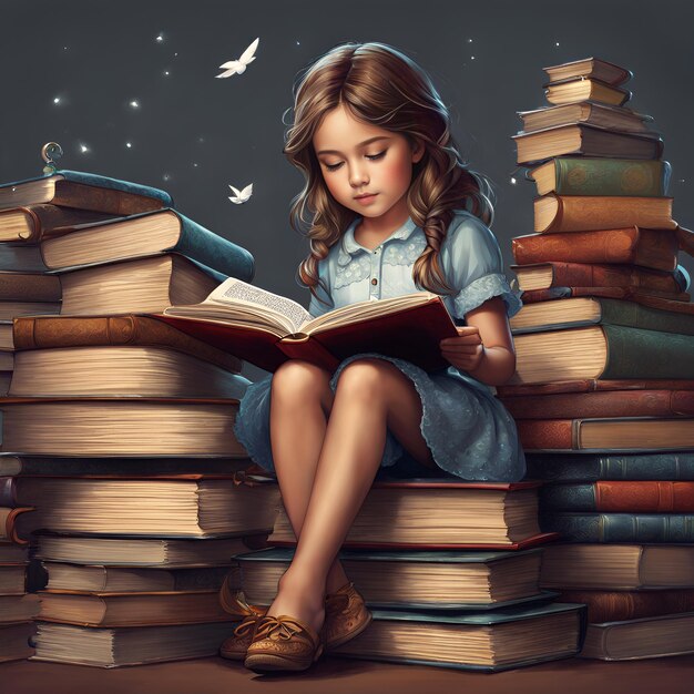 a girl reading a book with a bird flying in the background