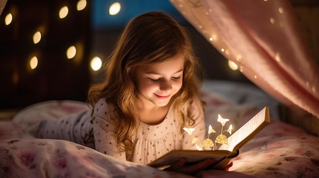 Photo a girl reading a book with a book titled  the year  on the bottom