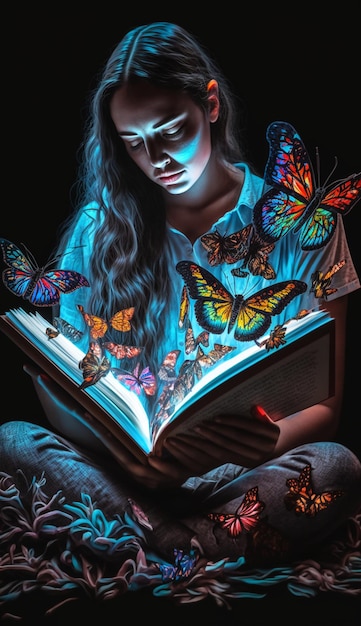 A girl reading a book with butterflies on it