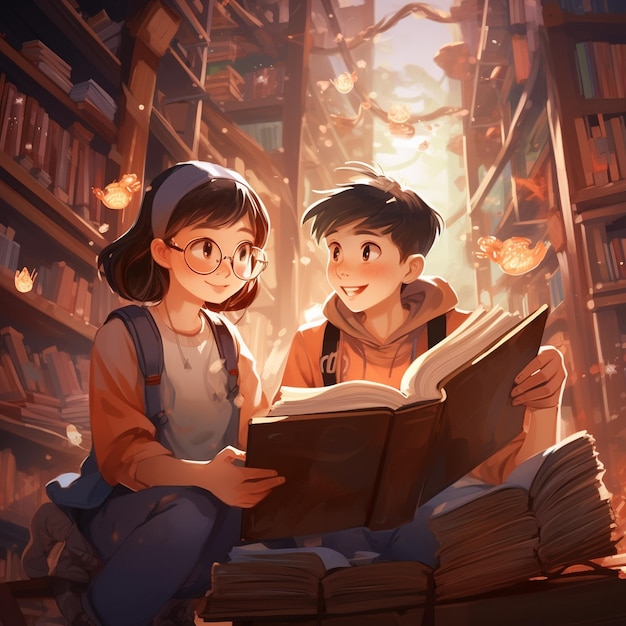 本を読む女の子と、女の子という本の前で本を読む女の子。