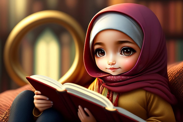 A girl reading a book with a pink scarf.