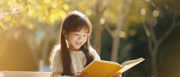 Photo a girl reading a book with a smile on her face