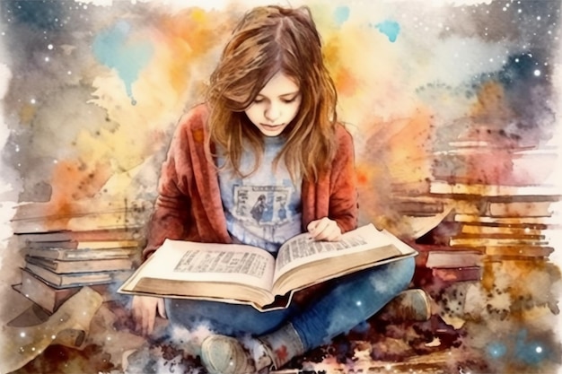 Girl reading celebrating world book day watercolor impression AI generative