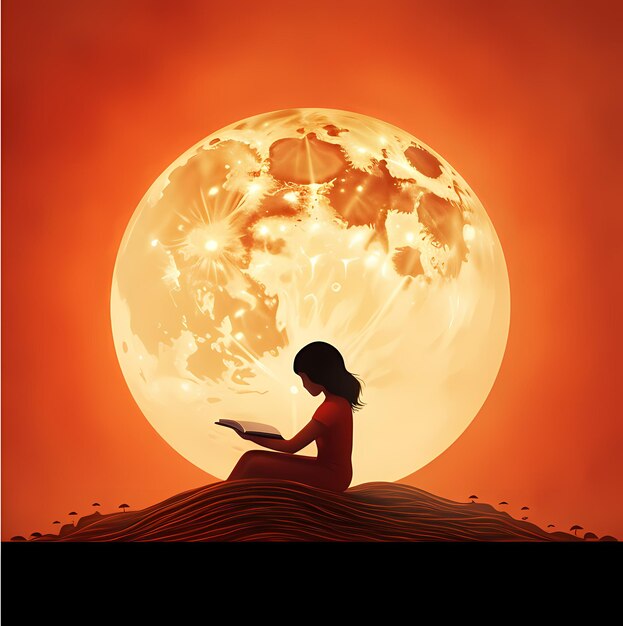 Girl reading under the moon creative poster red background