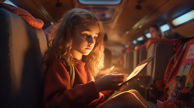 A girl reading a tablet on a bus.