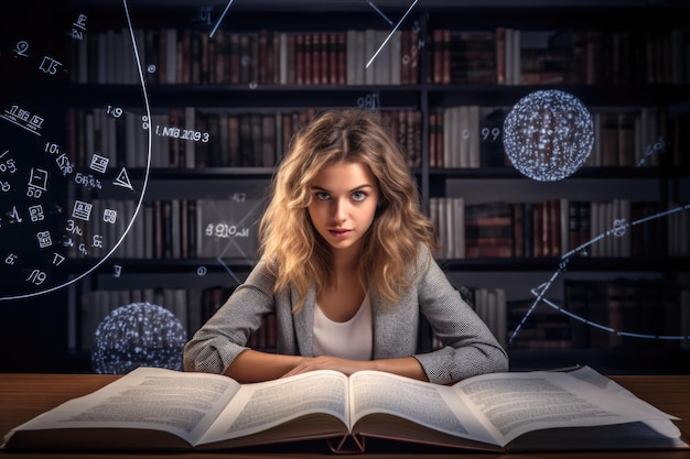 girl reading a thick book with math formular on her desktop are some other books